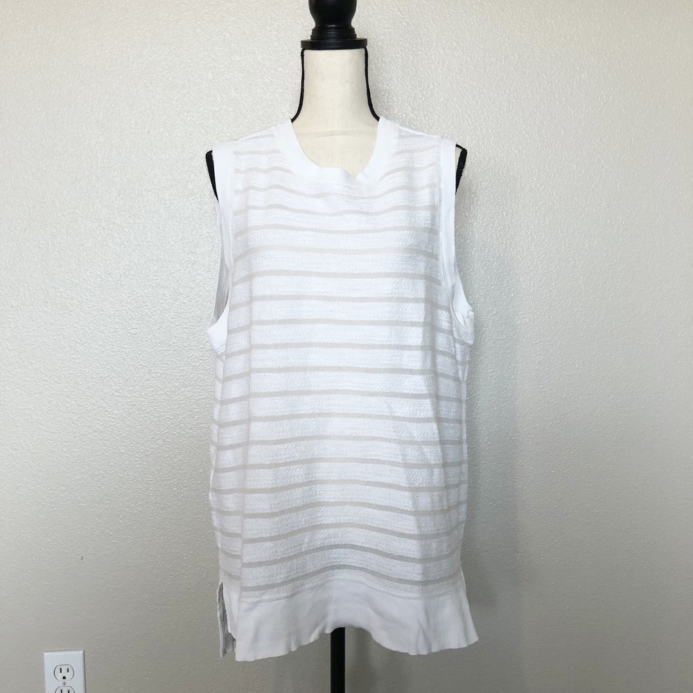 Lou & Grey Top Womens XL White Textured Stripe Sleeveless High-Low Knit Sweater